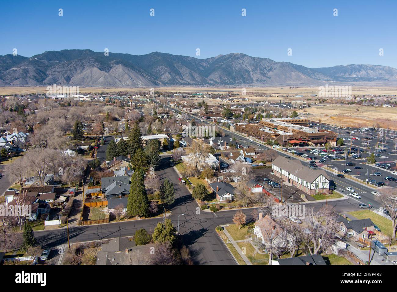 Minden, Nevada - USA - November 29, 2021: Aerial view of Minden and Gardnerville Nevada along Highway 395 in the Carson Valley. Stock Photo