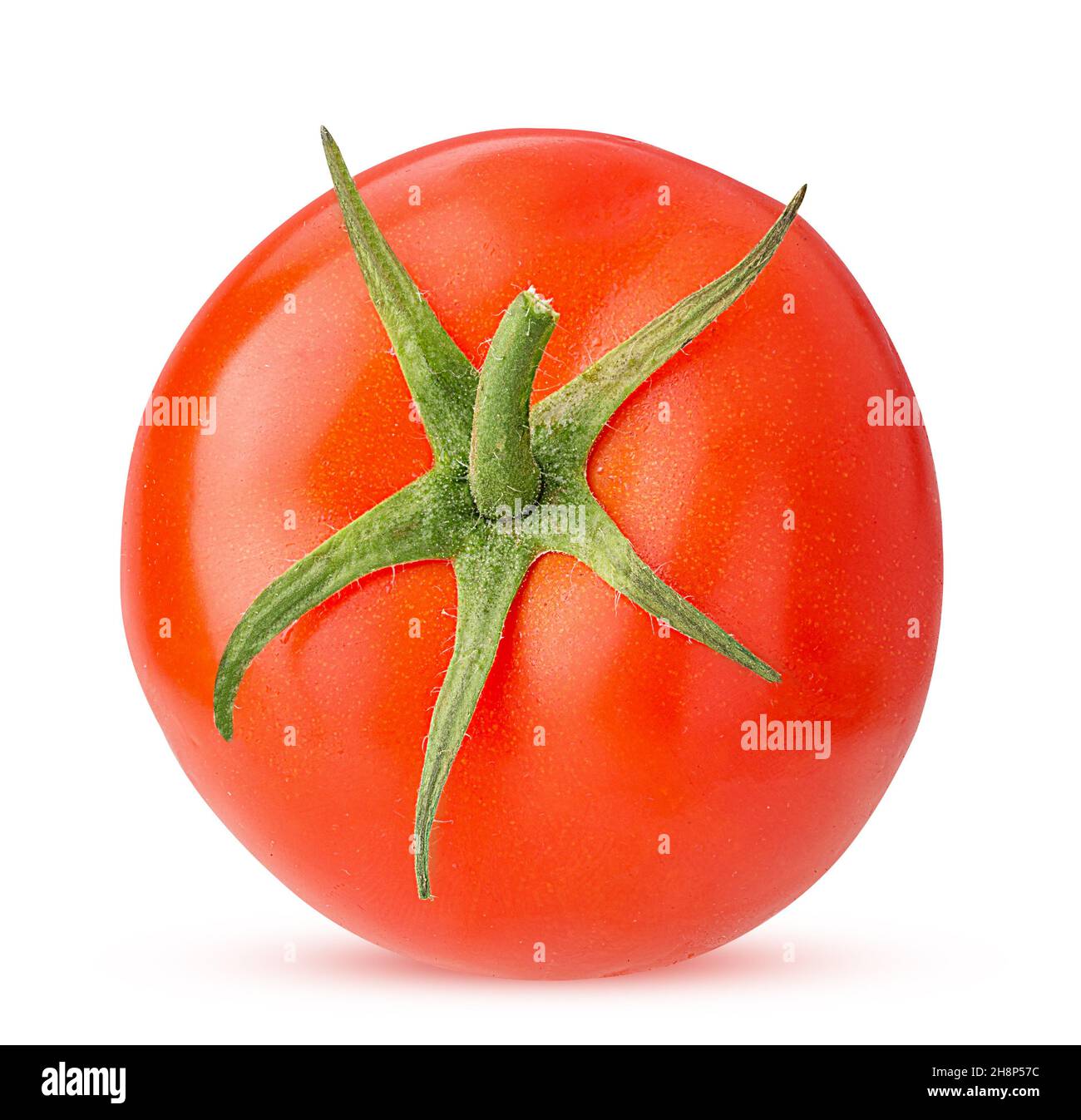 Fresh red tomato with green leaves isolated on white background ...