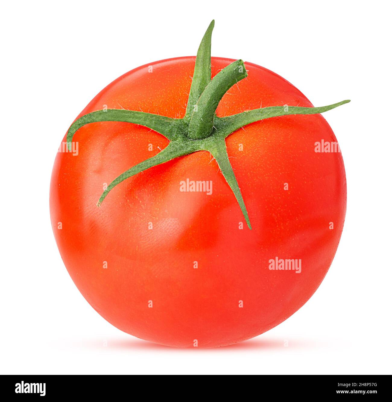 Fresh red tomato with green leaves isolated on white background Clipping Path. Full depth of field. Stock Photo