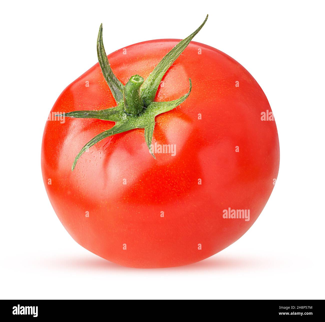 Fresh red tomato with green leaves isolated on white background Clipping Path. Full depth of field. Stock Photo