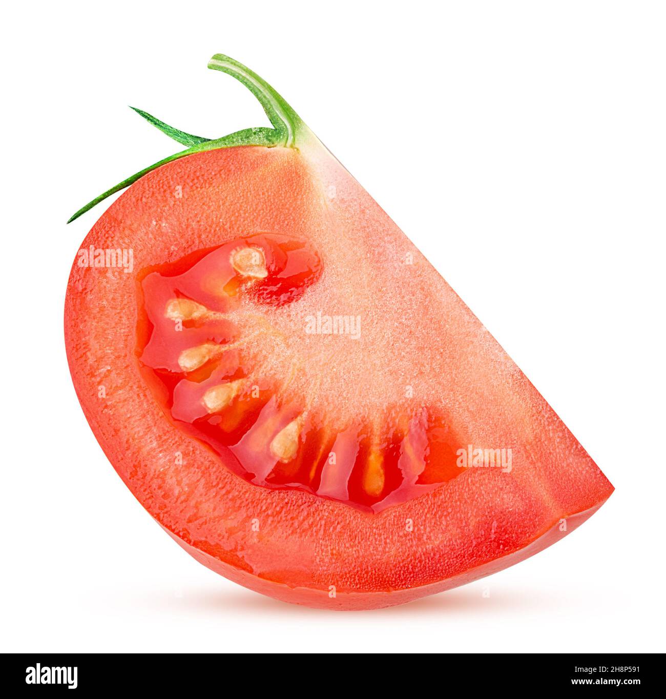 Fresh red tomato slice with green leaves isolated on white background Clipping Path. Full depth of field. Stock Photo