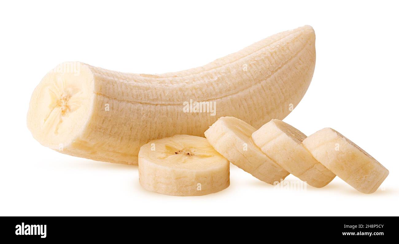 Ripe peeled banana cut in half with slice isolated on white background