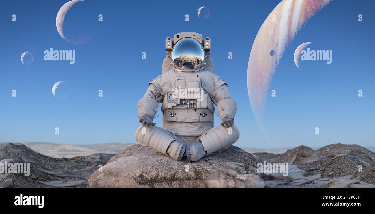 astronaut meditating on the surface of an alien planet Stock Photo - Alamy