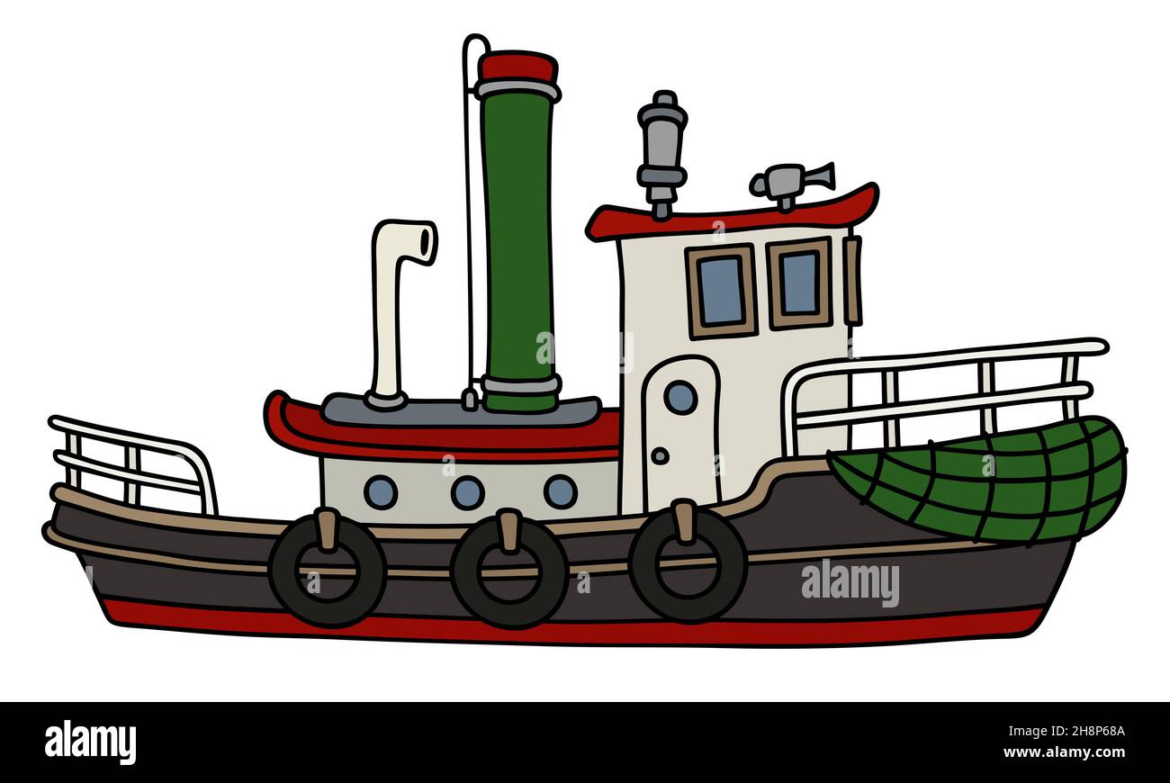 Hand drawing of a funny old steam tugboat Stock Photo