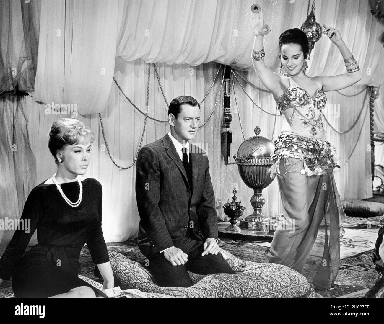 Barbara Eden, Tony Randall, Kamala Devi, on-set of the Film, 'The Brass Bottle', Universal Pictures, 1964 Stock Photo