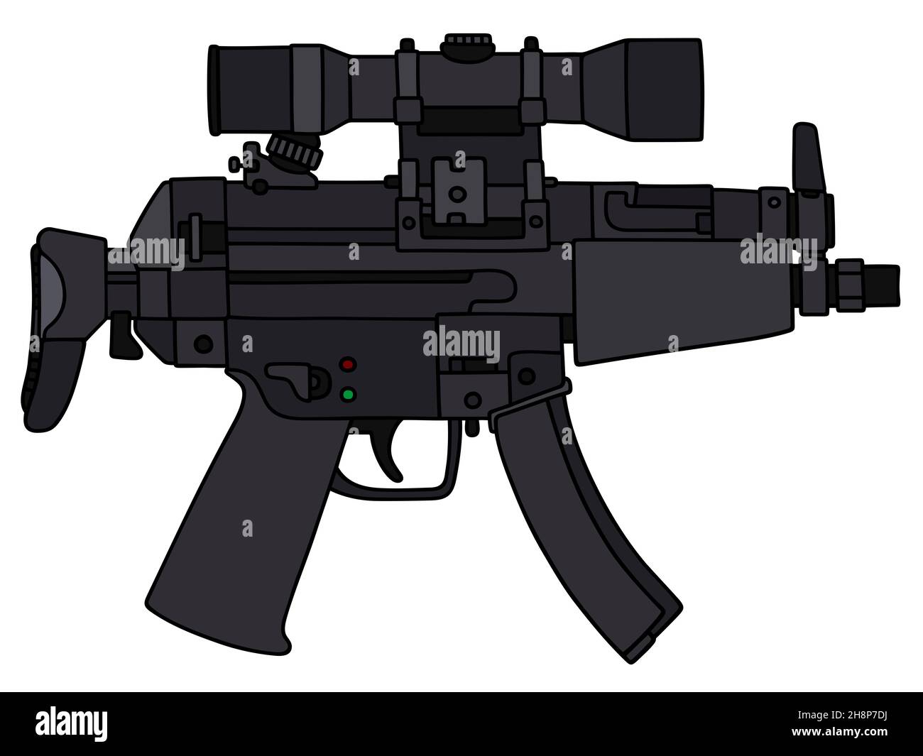 Hand drawing of a short submachine gun with a telescopic sight Stock Photo