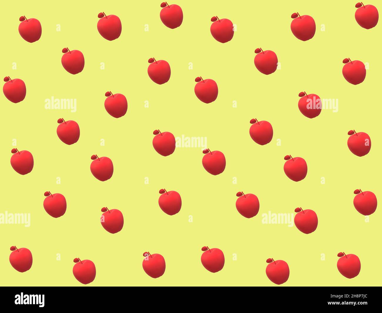 3D illustration. Bright red apple fruits on a yellow background. Wrapping or gift paper design. Stock Photo