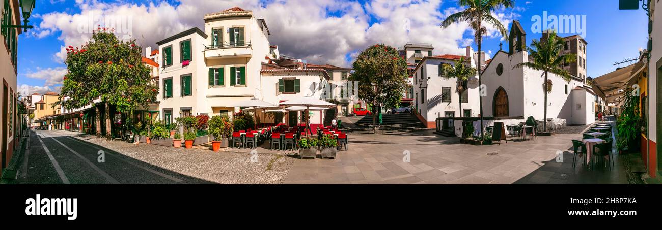 Funchal town - cosy charming capital of Madeira island. popular tourist attraction. Old streets with bars and restaurants. Portugal travel and landmar Stock Photo