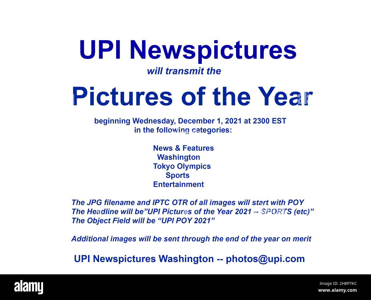 Washington, United States. 01st Dec, 2021. UPI Newspictures will transmit 2021 Pictures of the Year on Wednesday, December 1, 2017, at approximately 2300 EST (0400GMT, Dec 2nd) in the following categories: News & Features, Washington, Tokyo Olympics, Sports, and Entertainment. The JPG filename and IPTC OTR of all images will start with POY. The Headline will be 'UPI Pictures of the Year 2021 - Sports (and so on). The Object Field will be 'UPI POY 2021'. Additional POY images will be transmitted through the end of the year on merit. Credit: UPI/Alamy Live News Stock Photo