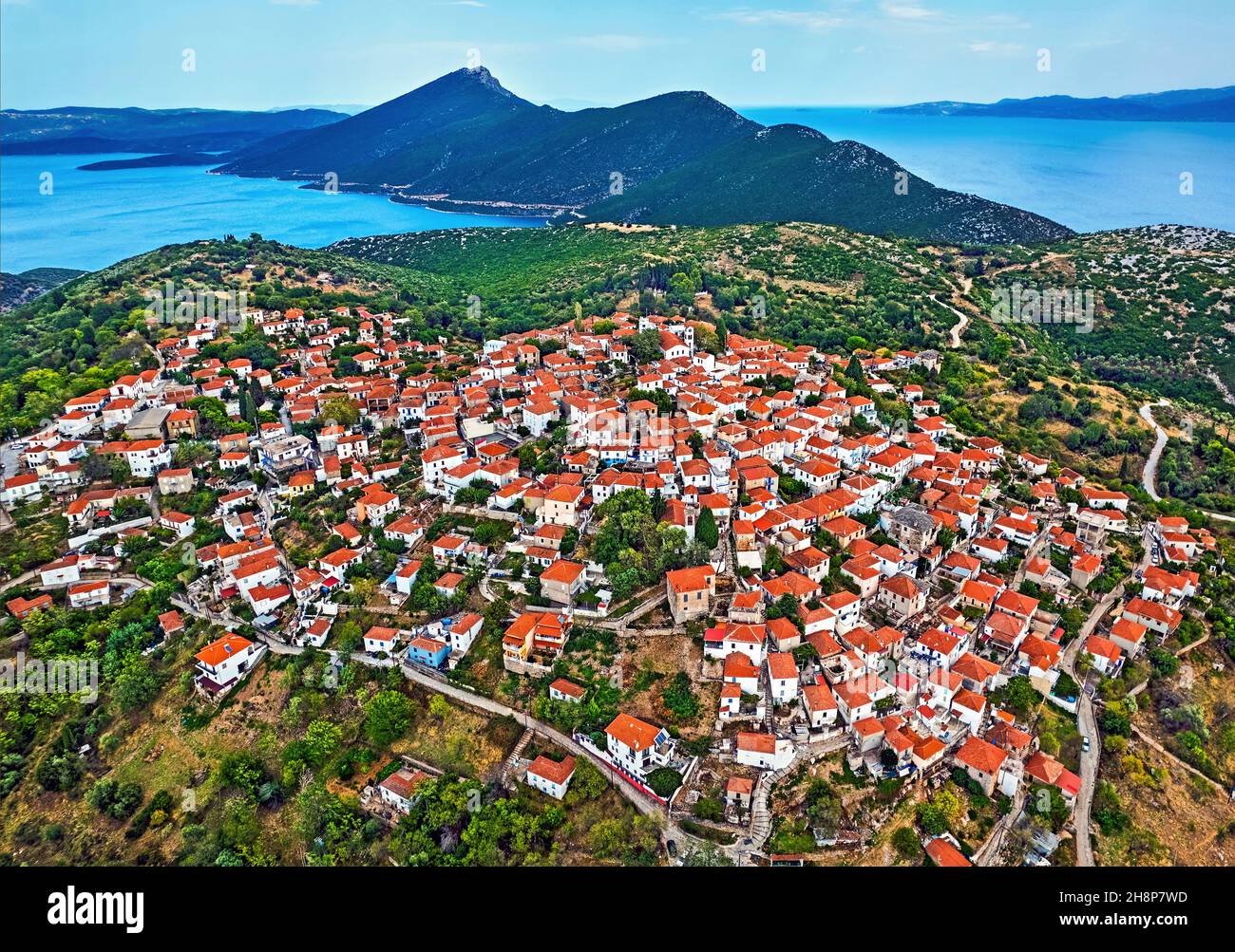Aerial view of Trikeri village, South Pelion, Magnissia, Thessaly, Greece. Stock Photo