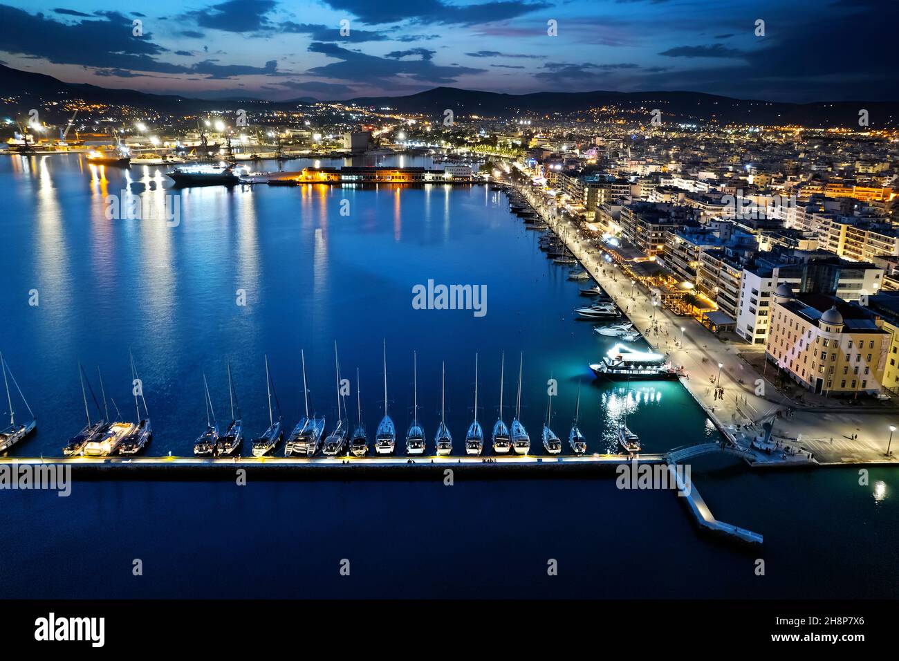 Night view of the port of Volos, Magnisia, Thessaly, Greece. Stock Photo