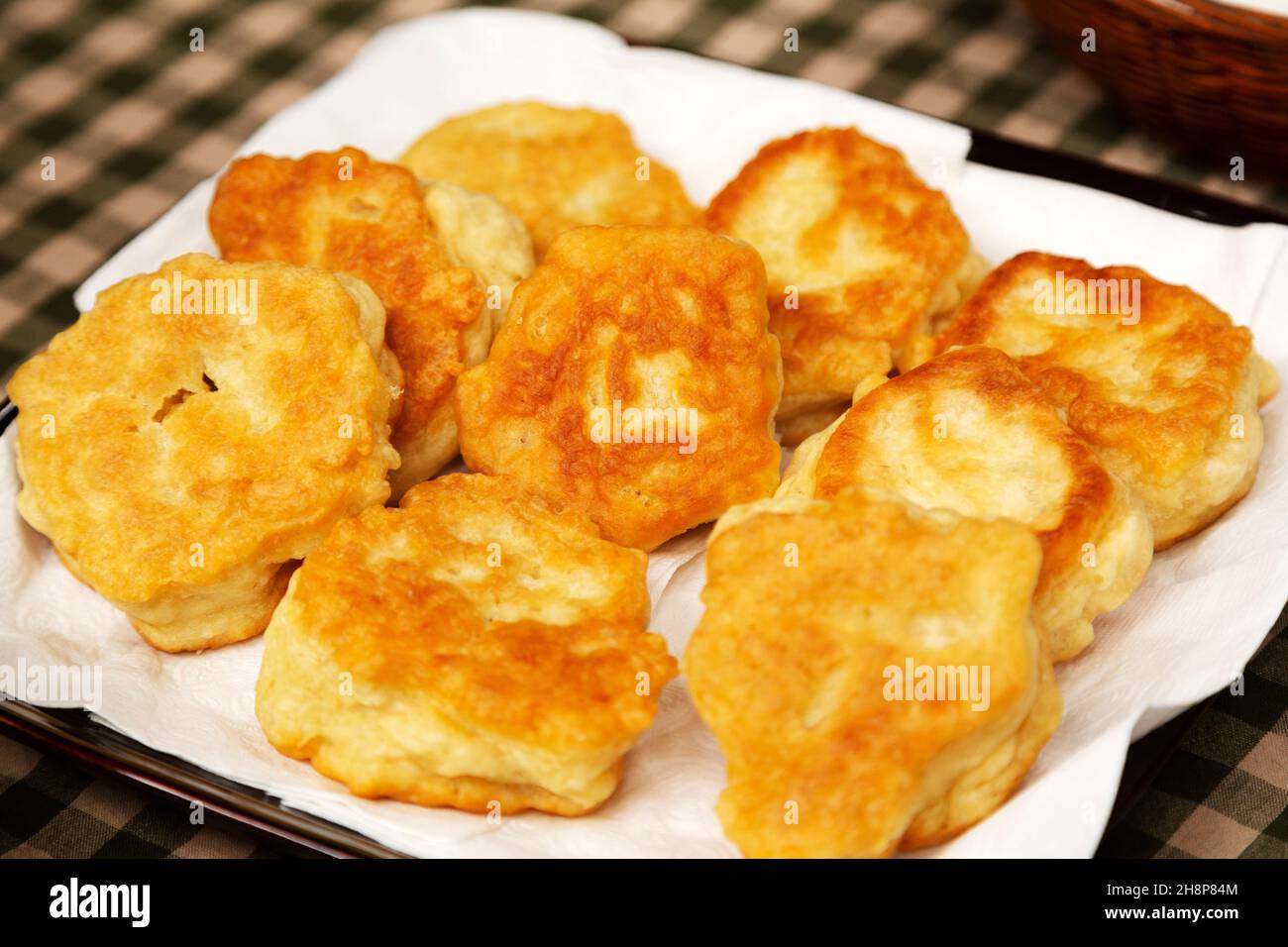 Bannock served in the Yukon, Canada. The pan-fried bread became a First Nations staple after its introduction to Canada by Scottish settlers. Stock Photo