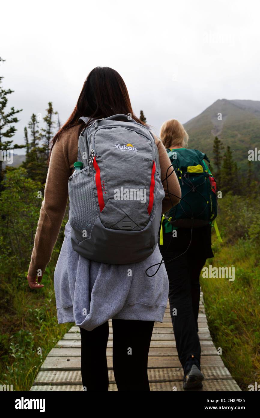 People walking on trail within Kluane National Park and Reserve in the Yukon, Canada. Stock Photo
