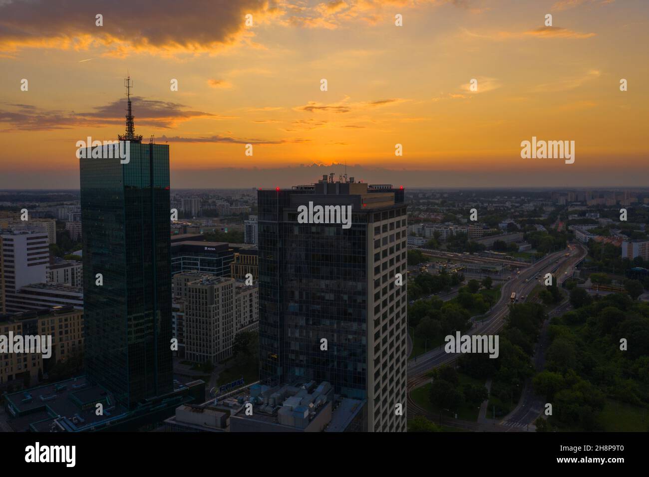 Warsaw, Poland capital city drone aerial view in summer sunset Stock Photo
