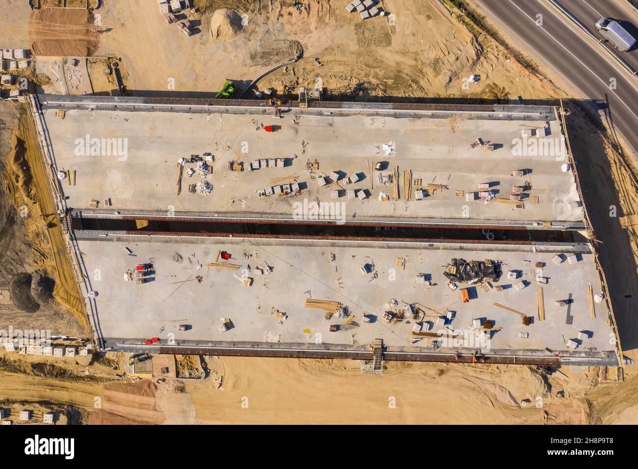 Aerial view on the new road construction site. Warsaw Wilanow Stock Photo