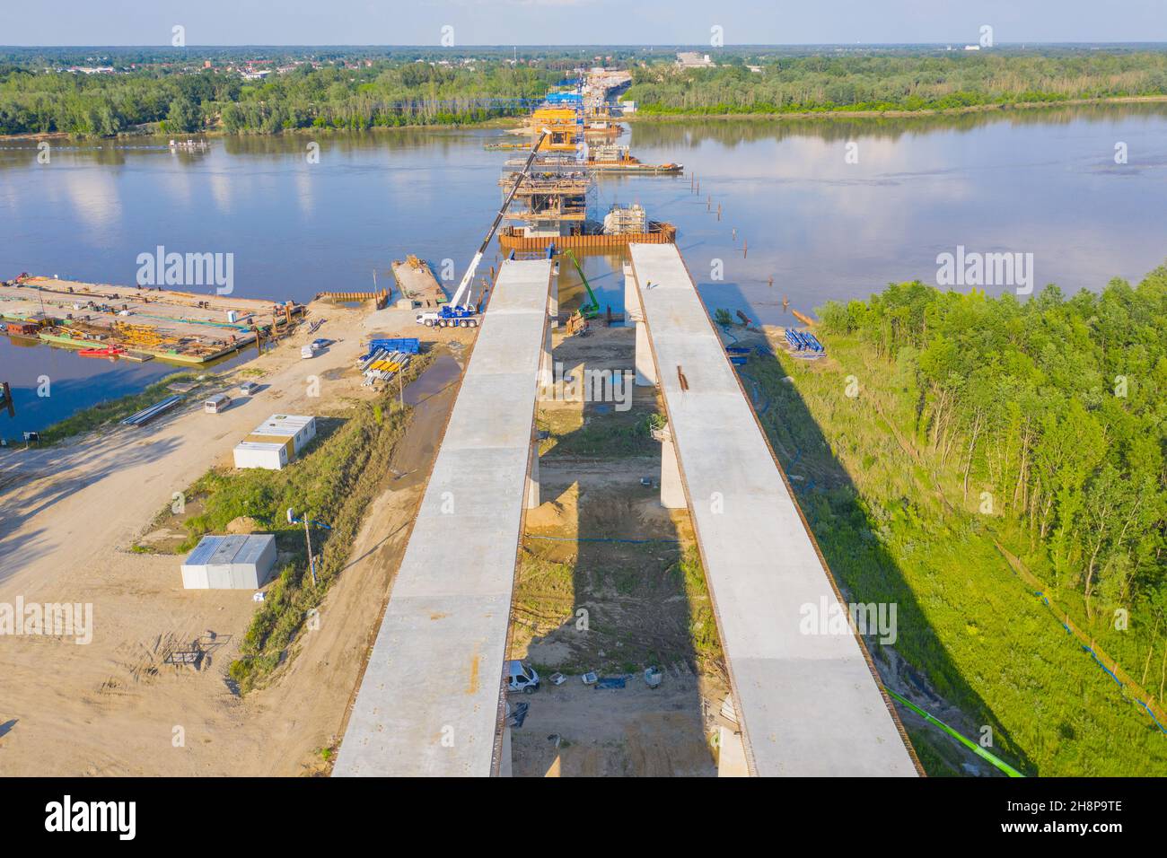 Aerial view of highway bridge under construction. Poland Warsaw, Wilanow. S2 road Stock Photo