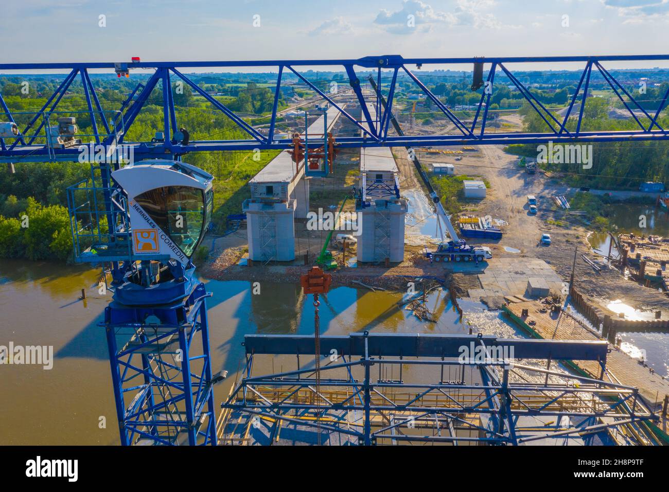 Aerial view of highway bridge under construction. Poland Warsaw, Wilanow. S2 road Stock Photo