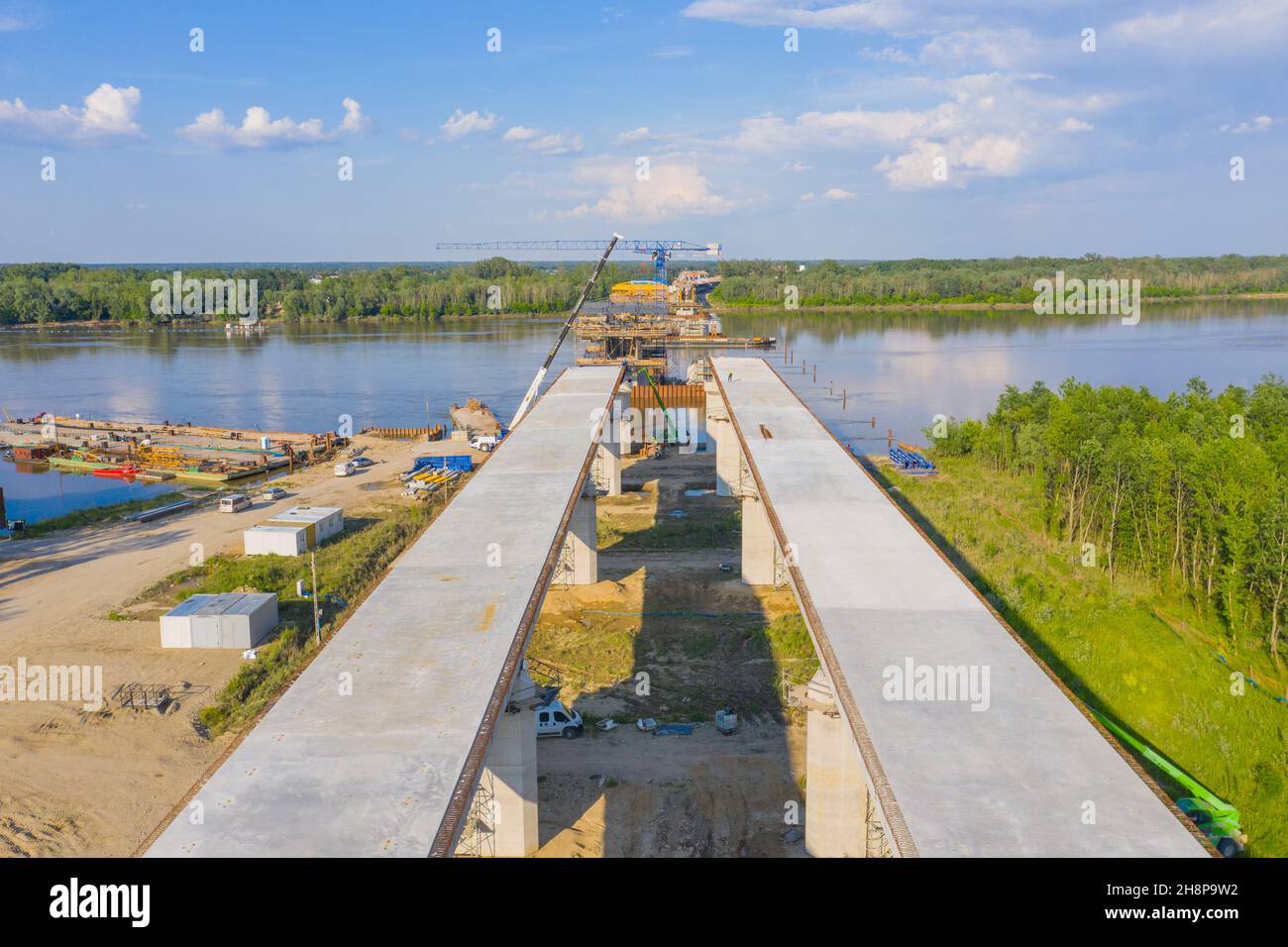 Aerial view of highway bridge under construction. Poland Warsaw, Wilanow. S2 road Stock Photo