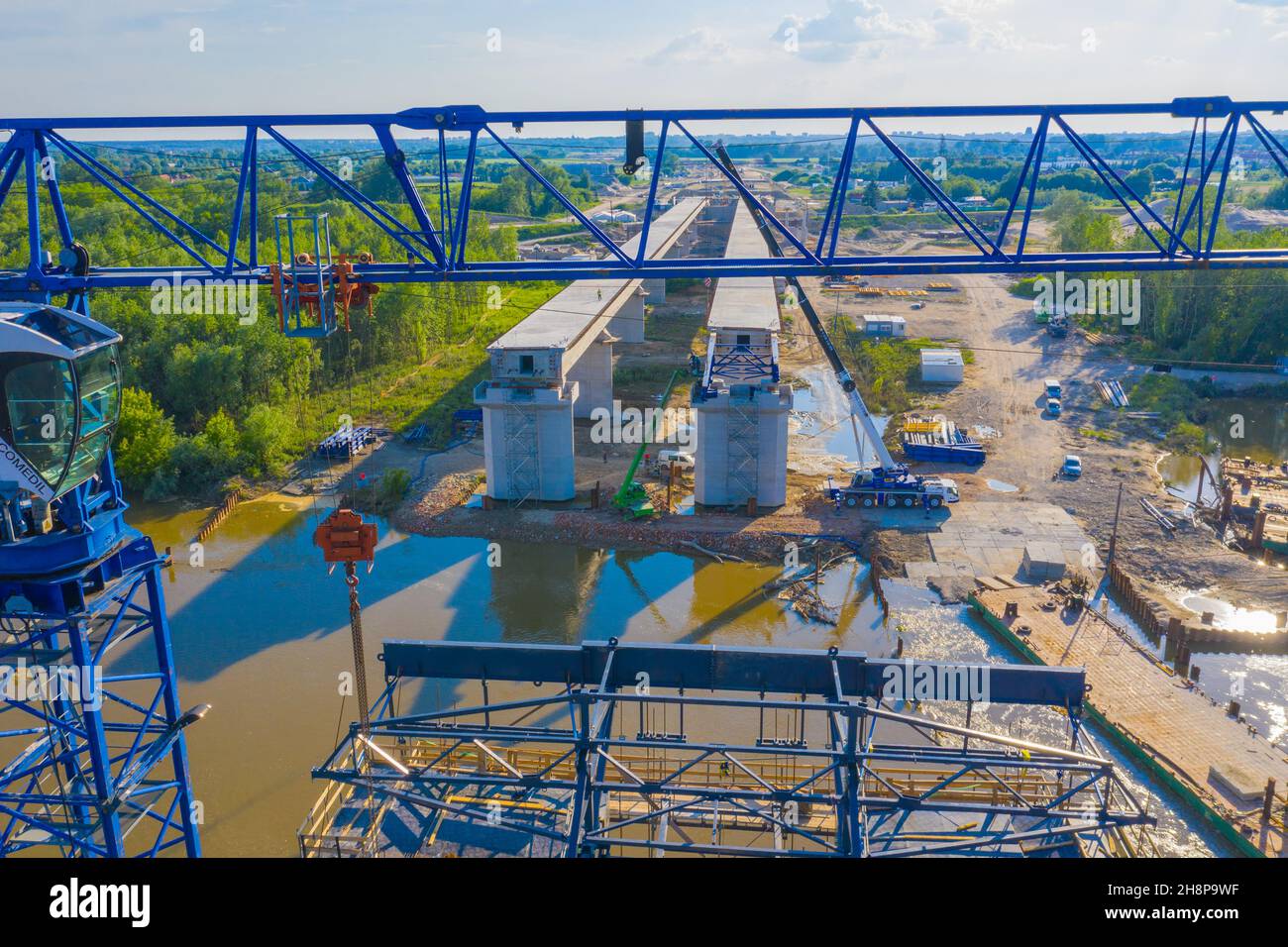 Aerial view of highway bridge under construction. Poland Warsaw, Wilanow. S2 road Stock Photo