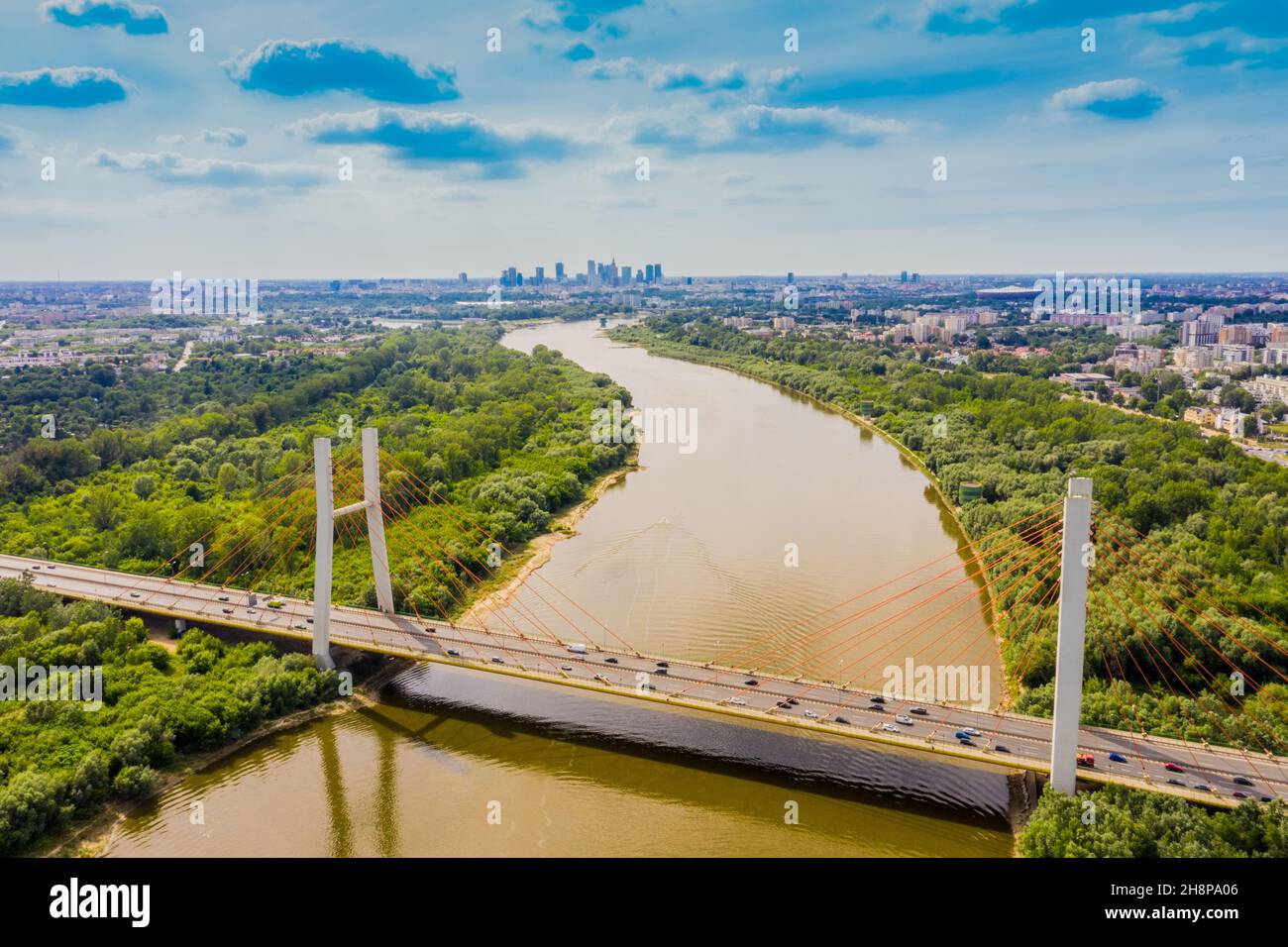 Drone view landscape highway bridge over river. Areal view city road landscape. Warsaw. Europe Stock Photo