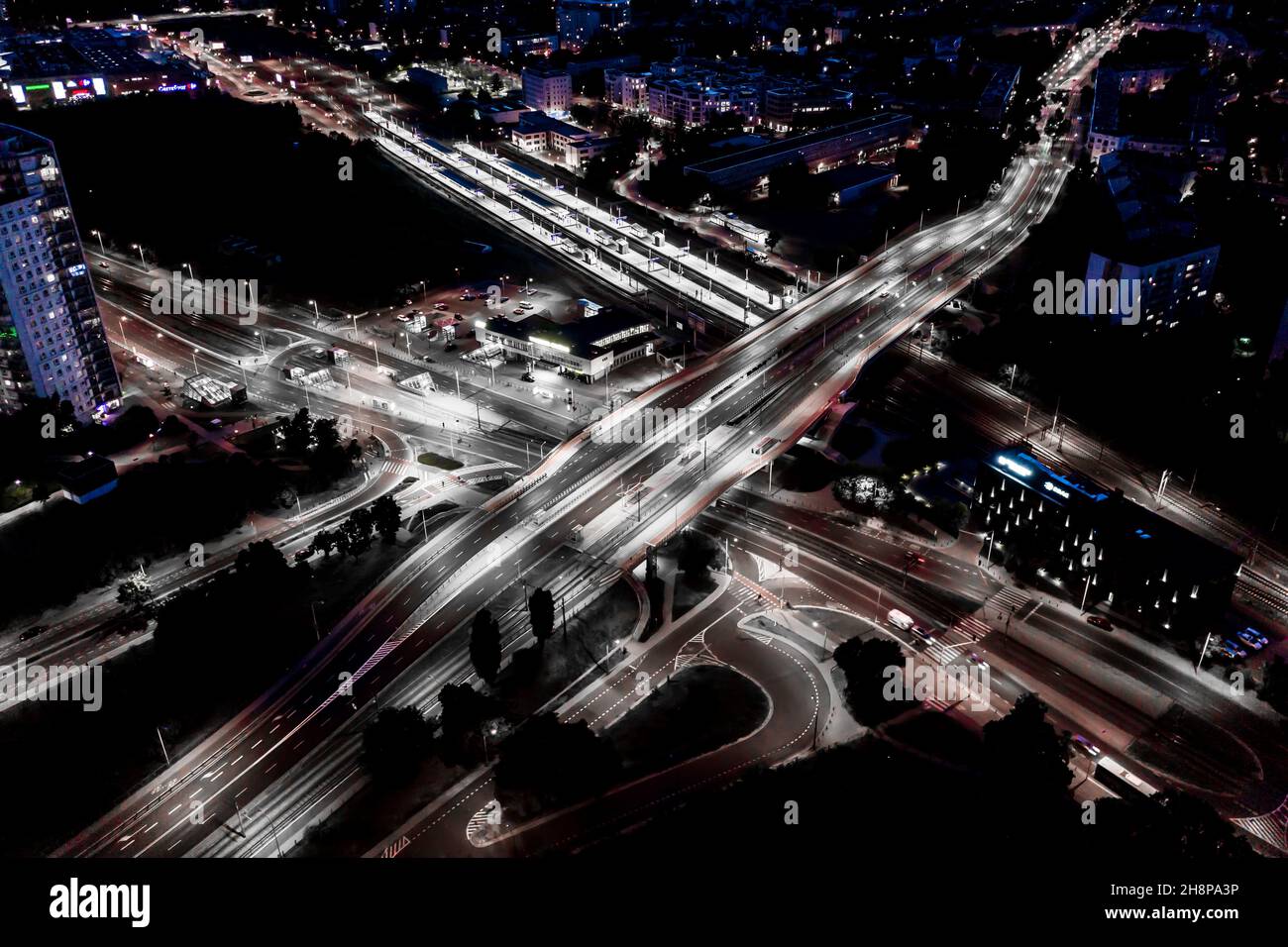 Aerial view Expressway motorway highway circus intersection at Night time Top view , Road traffic in city Stock Photo
