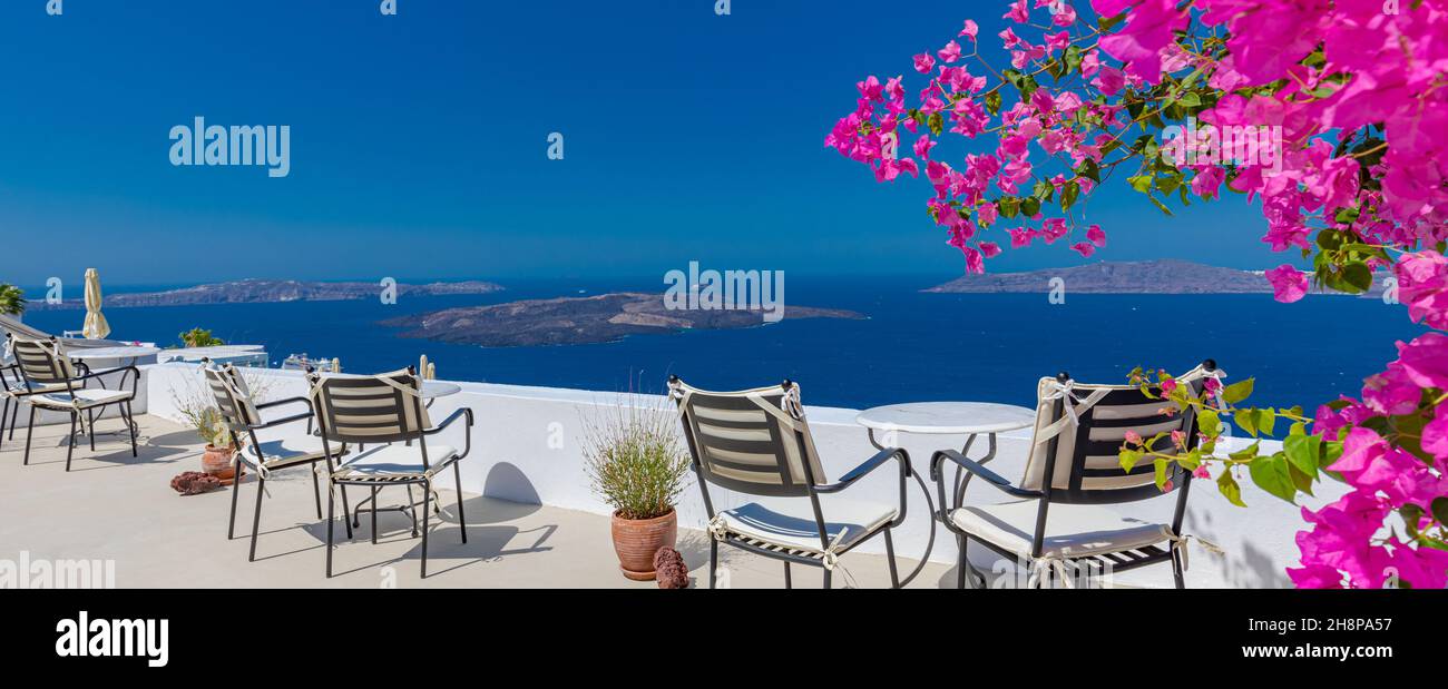 Amazing panoramic landscape, luxury travel vacation. Oia town on Santorini island, Greece. Traditional and famous white architecture and pink flowers Stock Photo