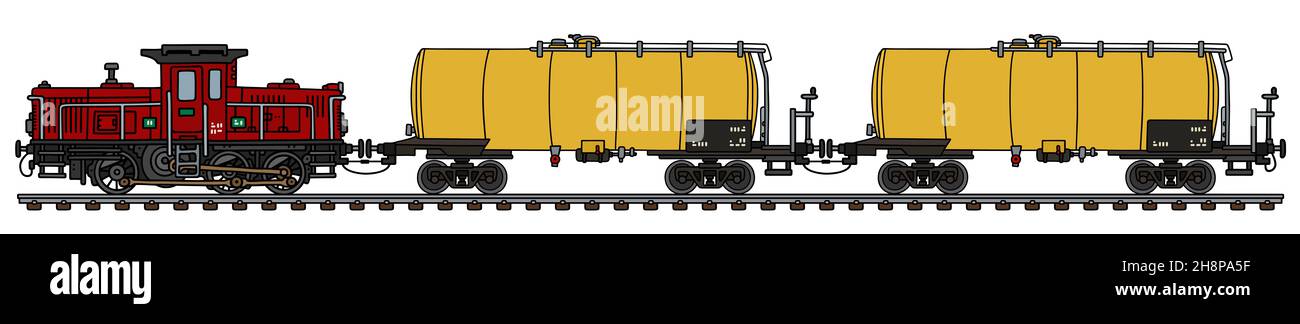Hand drawing of an old dark red diesel shunting locomotive and two yellow tank wagons Stock Photo
