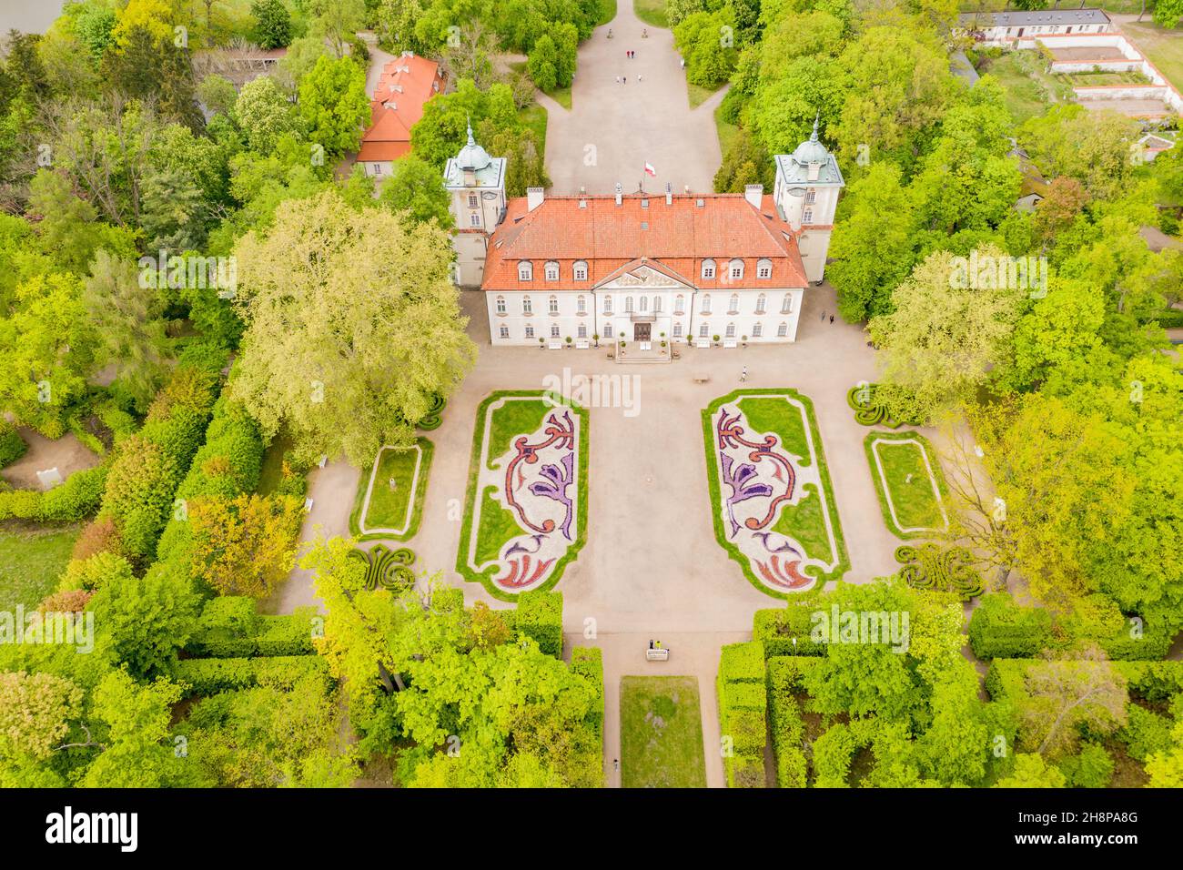 The Palace in Nieborow. Springtime. Green Trees. Aerial view Stock Photo
