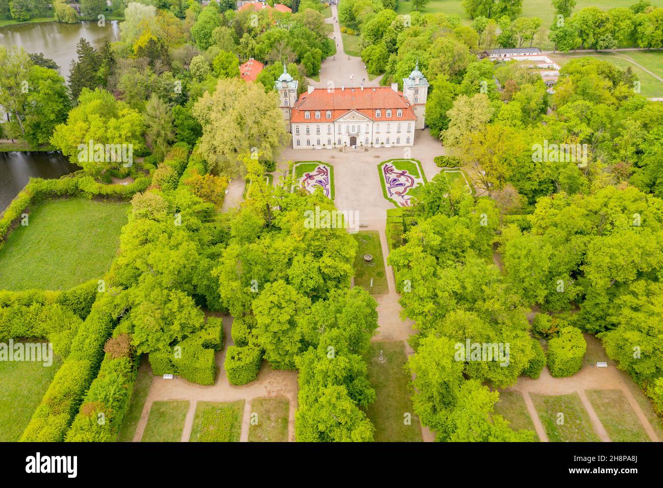 The Palace in Nieborow. Springtime. Green Trees. Aerial view Stock Photo