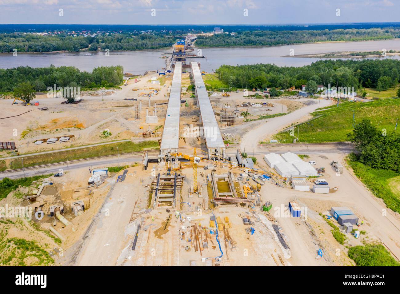 Aerial view of highway bridge under construction. Poland Warsaw. S2 road Stock Photo