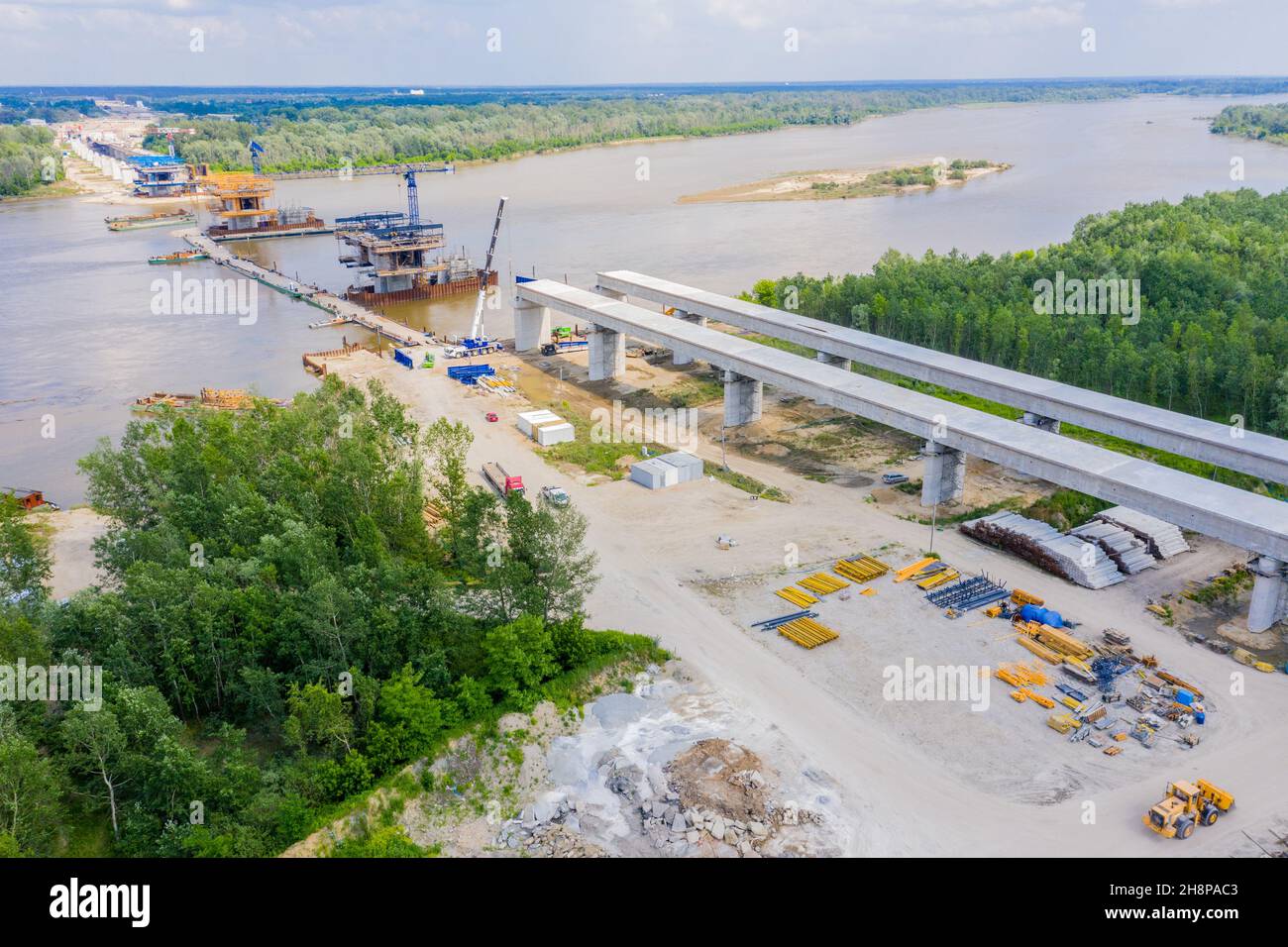 Aerial view of highway bridge under construction. Poland Warsaw. S2 road Stock Photo