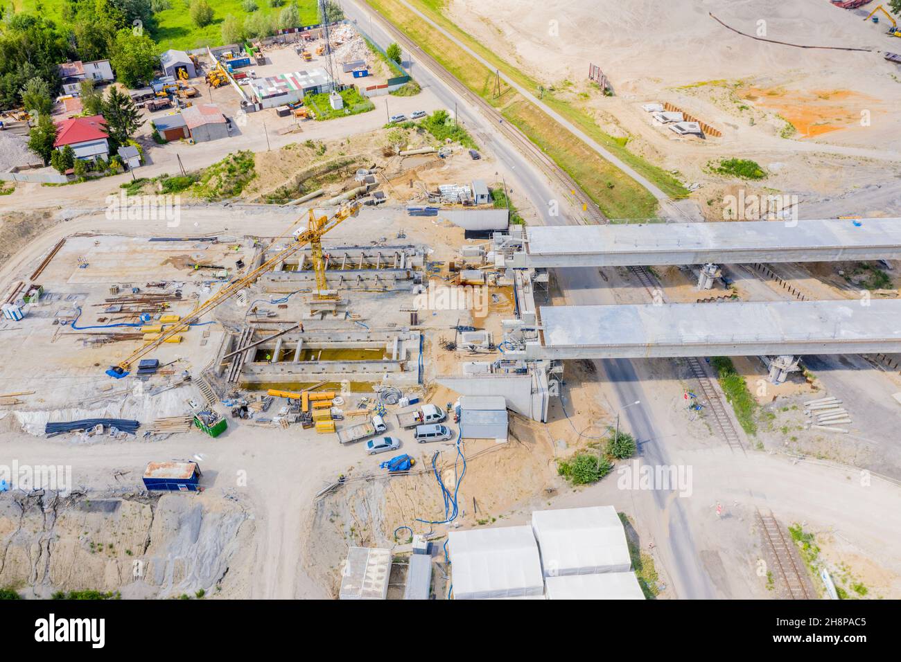 Aerial view of highway bridge under construction. Poland Warsaw. S2 road Stock Photo