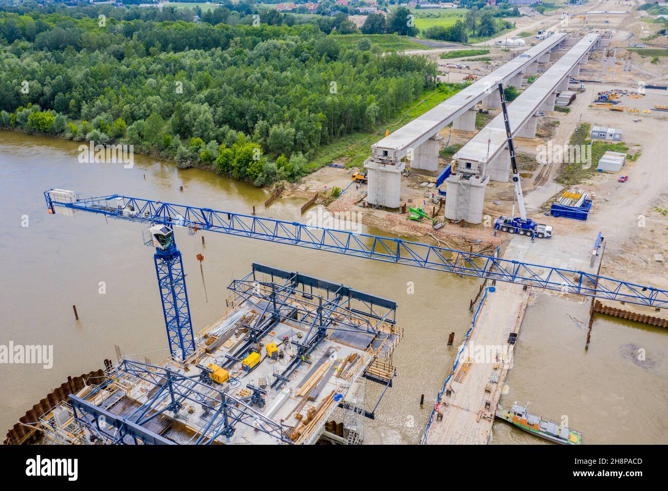 Aerial view of highway bridge under construction. Poland Warsaw. S2 road Stock Photo