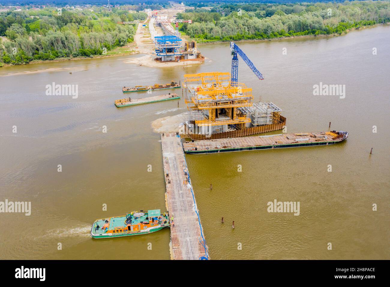 Aerial view of highway bridge under construction. Poland Warsaw. S2 road Stock Photo