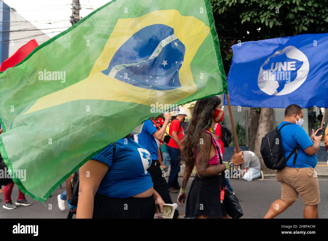 Brazilians protest against the government of President Jair Bolsonaro in the city of Salvador. Stock Photo