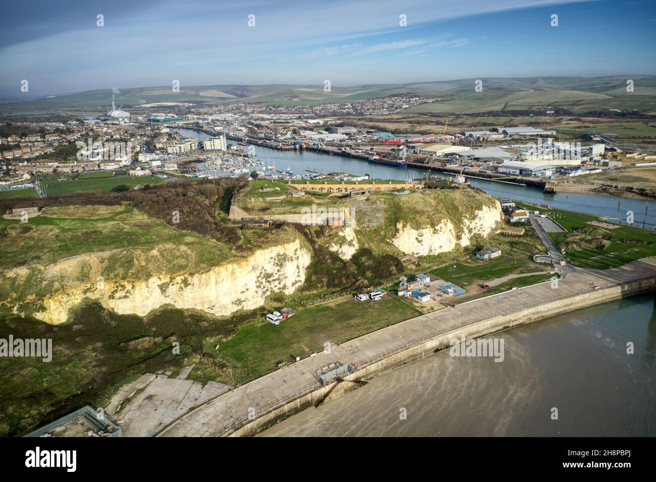 Aerial view of Newhaven Fort overlooking the entrance to Newhaven and the River Ouse. Stock Photo