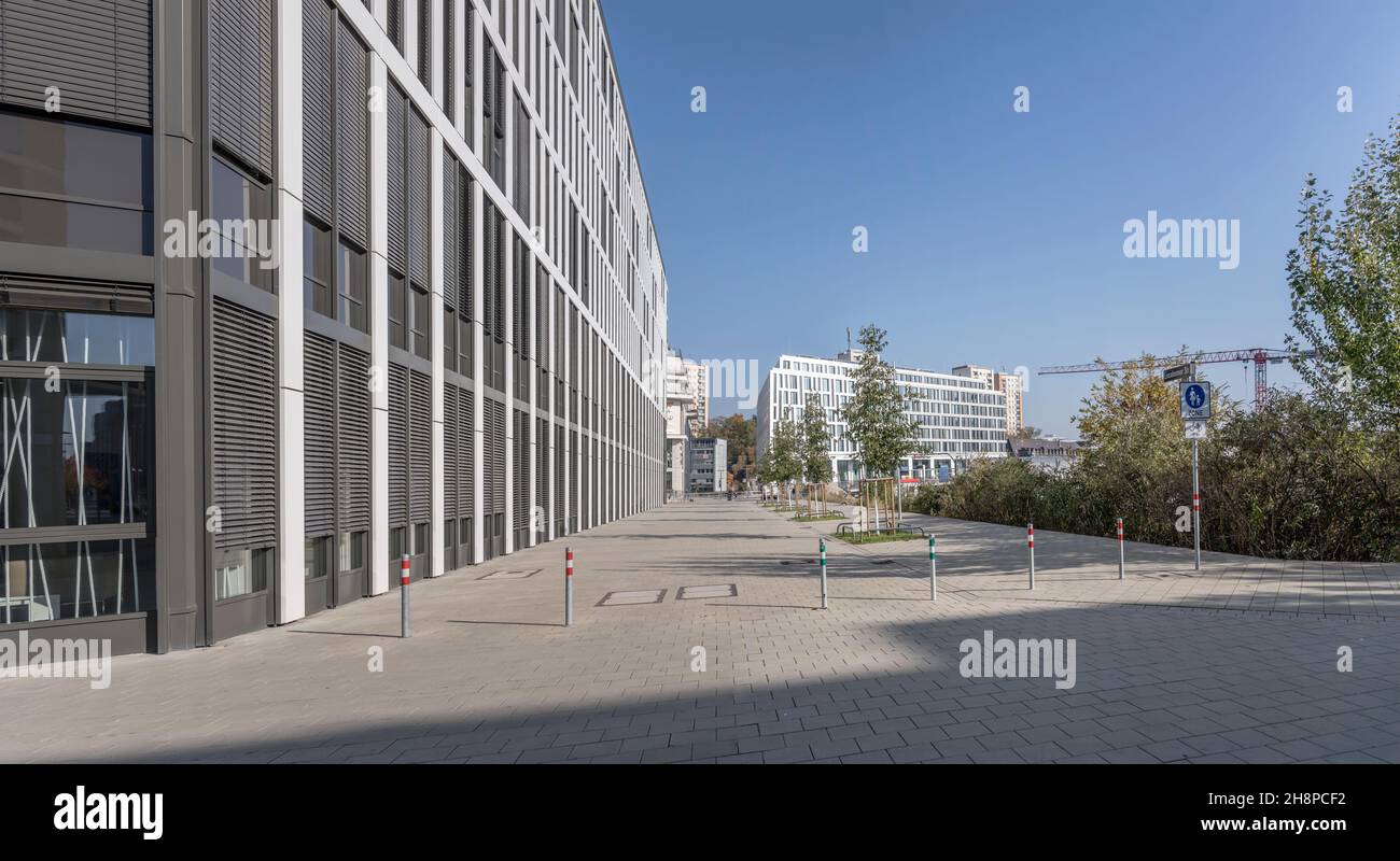 Stuggart, 2021 october 28; cityscape with empty square at business hub; shot in bright fall light on october 28, 2021 at Stuttgart, Germany Stock Photo