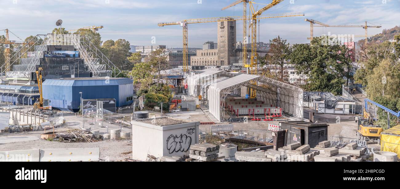 Stuggart, 2021 october 28; cityscape with Planetarium and large building site of railway station renovation works; shot in bright fall light on octobe Stock Photo