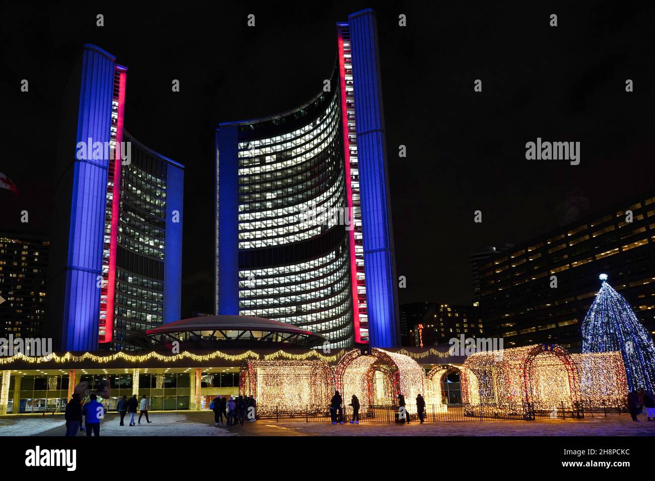 Toronto, Canada November 30, 2021 Toronto City Hall square is lit up