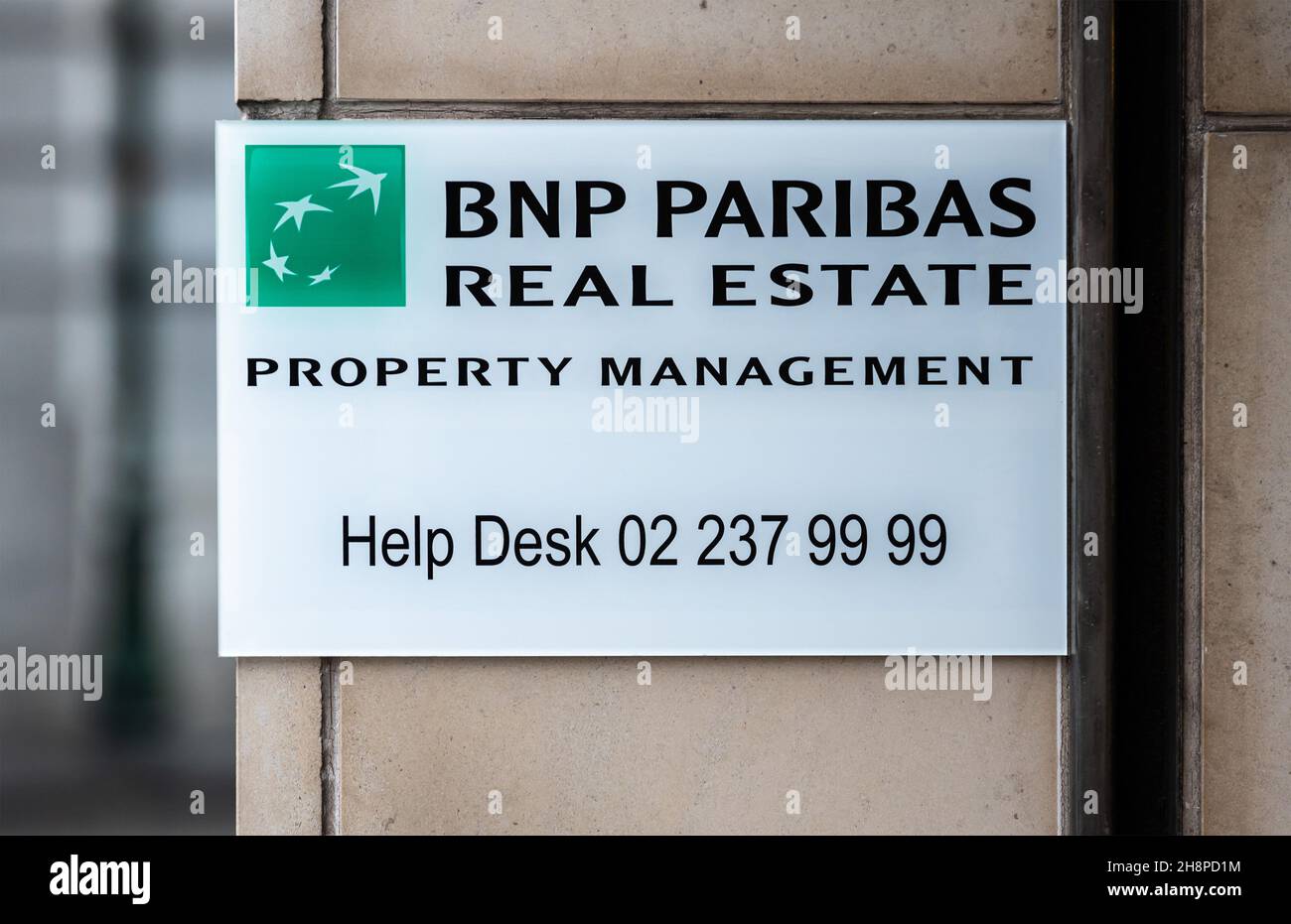 Saint-Josse, Brussels Capital Region, Belgium- 11 26 2021: Sign of the BNP Paribas Real estate Property Management Stock Photo