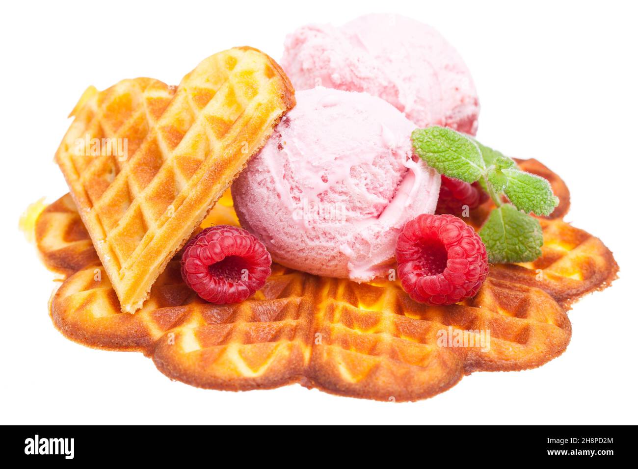 ice cream, waffles, fresh, stack, raspberries, white, pieces