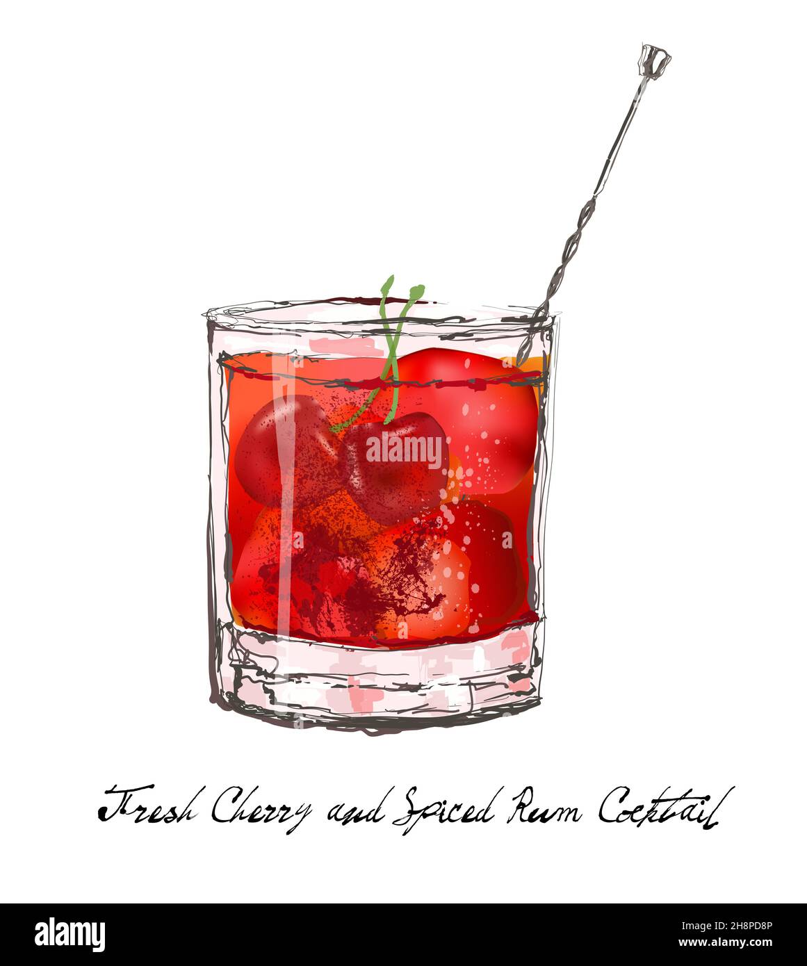 Fresh cherry and spiced rum cocktail - vector illustration Stock Vector