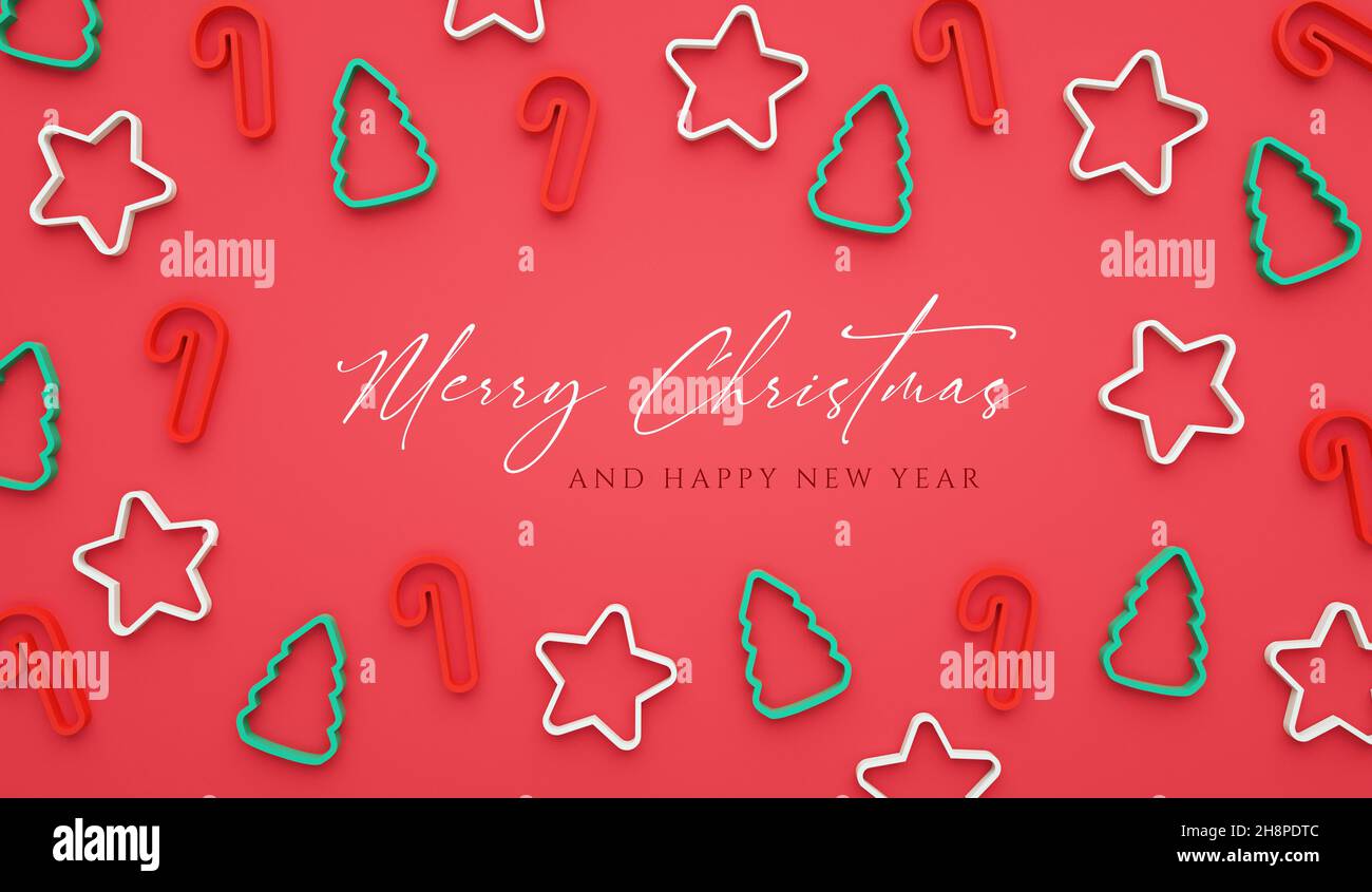 Merry Christmas and happy new year greeting card in flat lay 3D ...