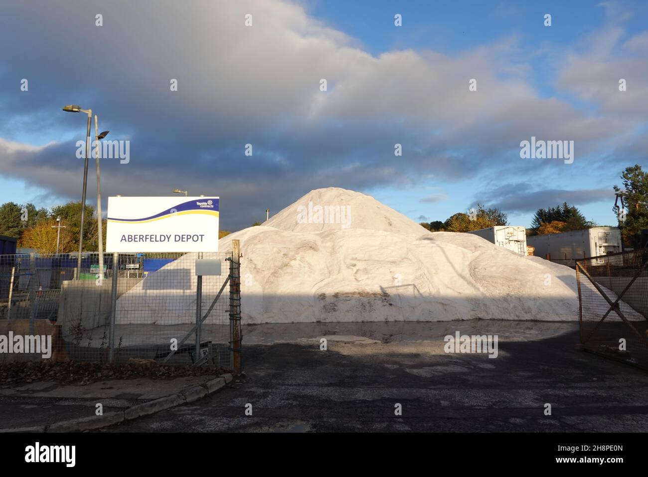 Road salt at storage depot Aberfeldy, Perthshire, Scottish Highlands ready for onset of winter Stock Photo