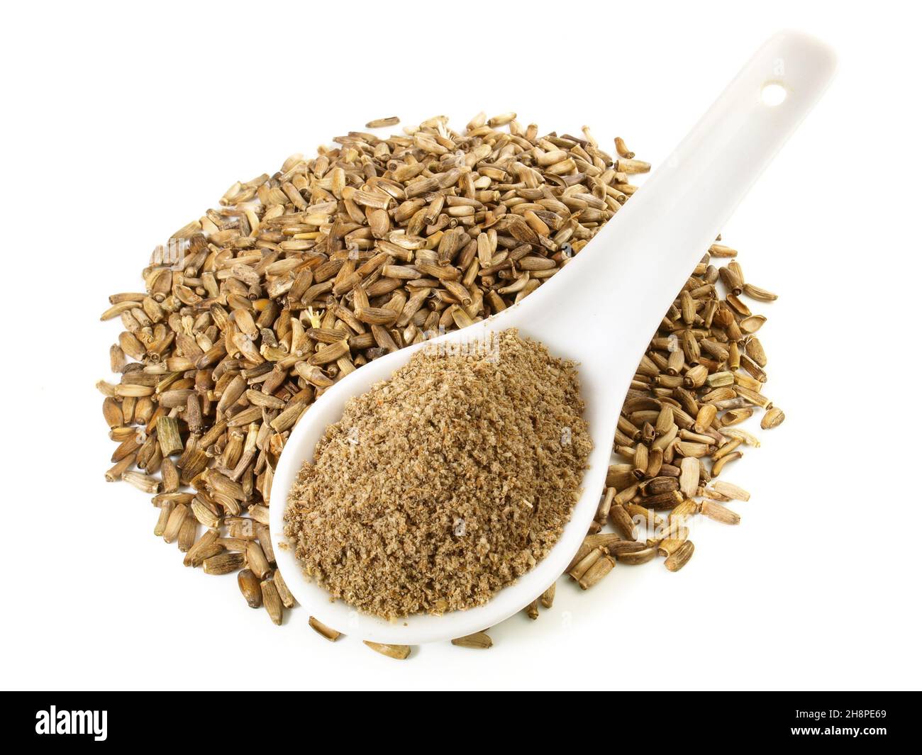 Dried Pickled Thistle Seeds with Powder  - Bitter Substance isolated on white Background Stock Photo