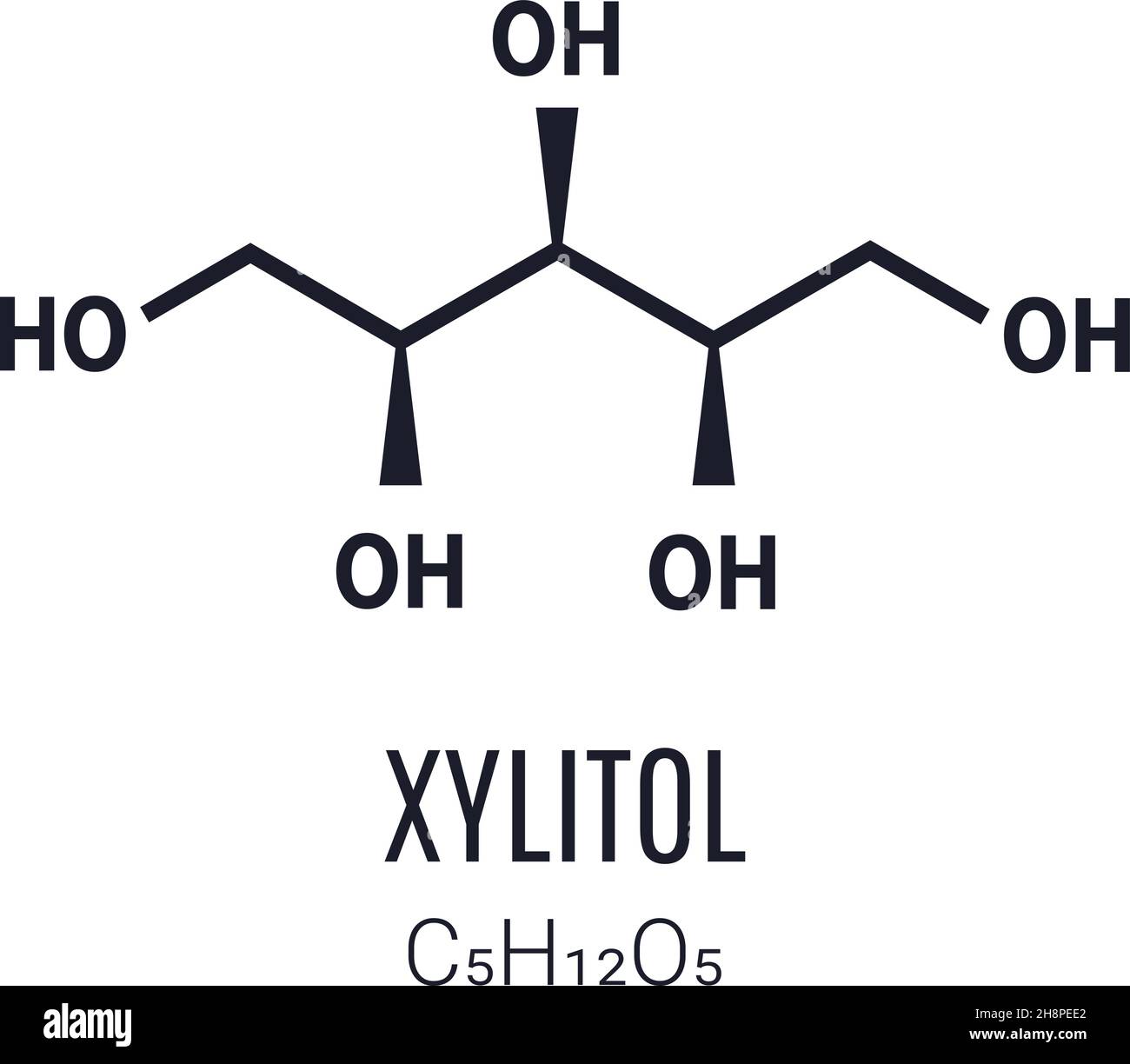 Xylitol molecular structure. Xylitol skeletal chemical formula. Vector