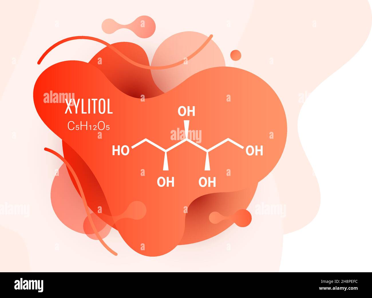 Xylitol molecular structure with liquid fluid shapes on white