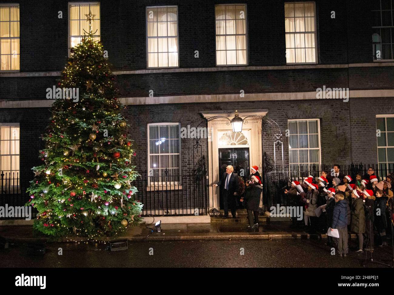 London, UK. 1st Dec, 2021. Prime Minister, Boris Johnson, switches on the Christmas tree lights at Downing Street. Credit: Tommy London/Alamy Live News Stock Photo