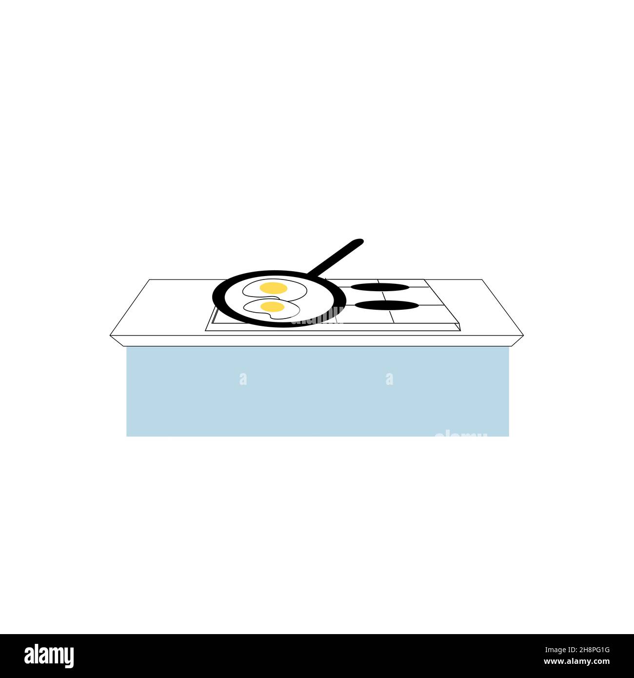 Flat cartoon frying pan on stove,home furniture,kitchen appliances interior elements vector illustration concept Stock Vector