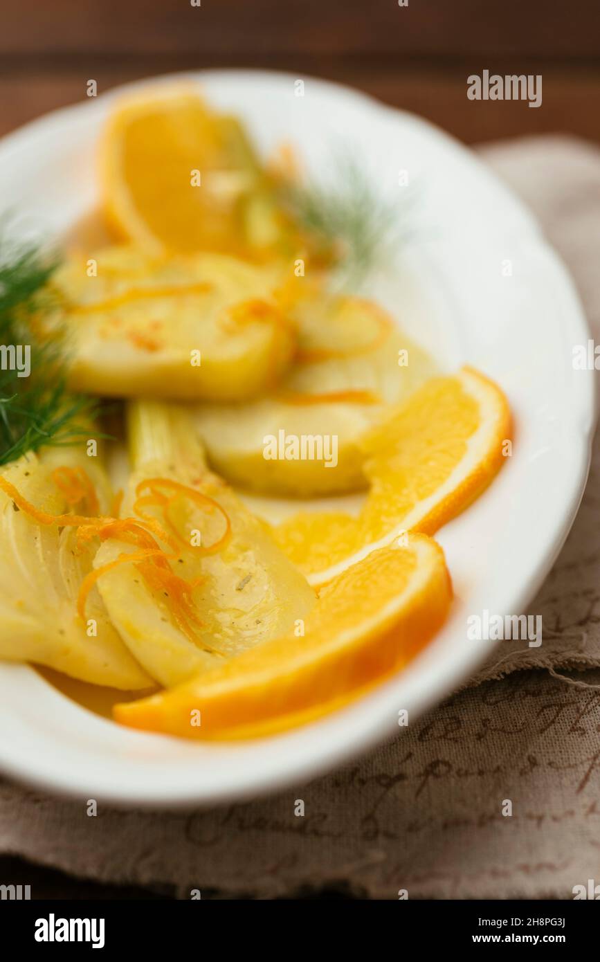 Home made orange braised fennel as side dish. Stock Photo